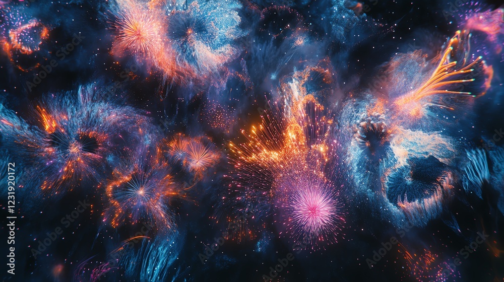 Colorful celestial abstract with vibrant bursts and swirls, dark cosmic background. Colorful celestial abstract with vibrant bursts and swirls, dark cosmic background.