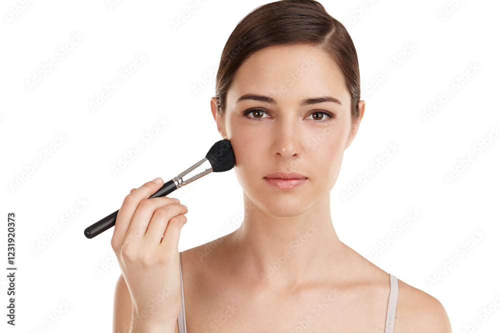 Woman, makeup brush and apply blush in studio, tool and cover for facial transformation. Female person, cosmetic product and portrait in treatment, foundation and luxury contour on white background Woman, makeup brush and apply blush in studio, tool and cover for facial transformation. Female person, cosmetic product and portrait in treatment, foundation and luxury contour on white background