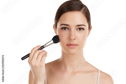 Woman, makeup brush and apply blush in studio, tool and cover for facial transformation. Female person, cosmetic product and portrait in treatment, foundation and luxury contour on white background