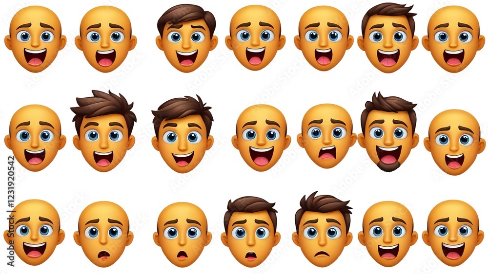 Collection of diverse male cartoon faces showcasing various expressions, ideal for animation, websites, or apps. Collection of diverse male cartoon faces showcasing various expressions, ideal for animation, websites, or apps.