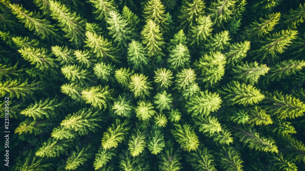 Fototapeta premium Lush green coniferous forest viewed from above, showcasing trees in symmetry during a bright daytime with clear skies