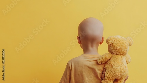 Child with Bald Head and Teddy Bear Against a Yellow Background.
