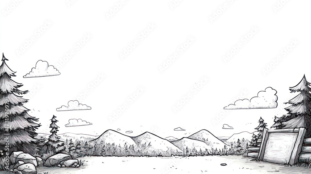 Obraz premium Black and white drawing of a forest landscape with mountains in the background, clouds in the sky, and a wooden sign on the right.