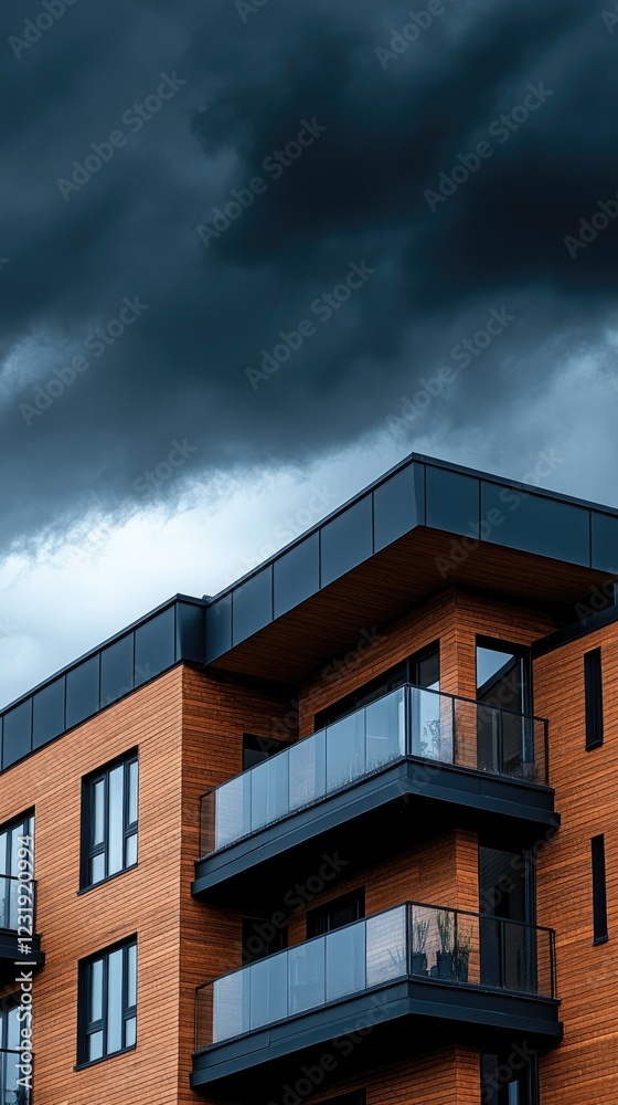 Fototapeta premium Modern apartment building with wooden facade under dramatic stormy sky in urban setting during late afternoon