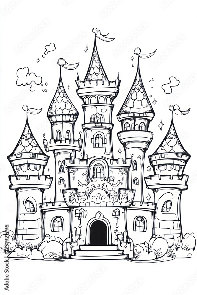 Black and white line drawing of a fairytale castle with multiple towers and a large front door. Black and white line drawing of a fairytale castle with multiple towers and a large front door.
