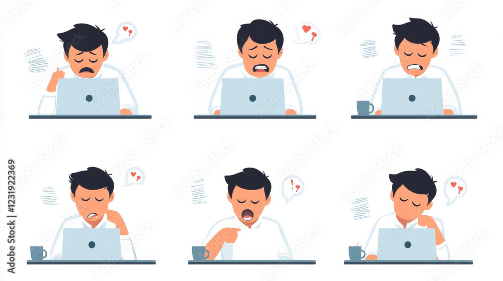 Freelancer character work on laptop. Vector set of flat illustrations of employee or office worker frustrated with pile of paperwork, with burnout, happy, angry, sleeping, and eating Freelancer character work on laptop. Vector set of flat illustrations of employee or office worker frustrated with pile of paperwork, with burnout, happy, angry, sleeping, and eating