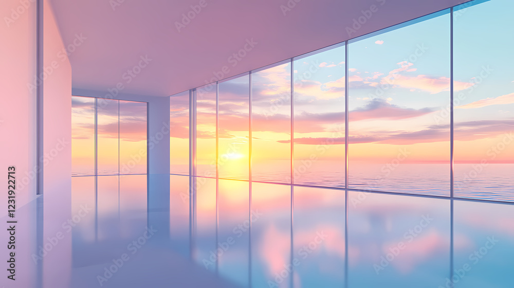 Fototapeta premium Modern Seaside Room Bathed in Sunset Glow