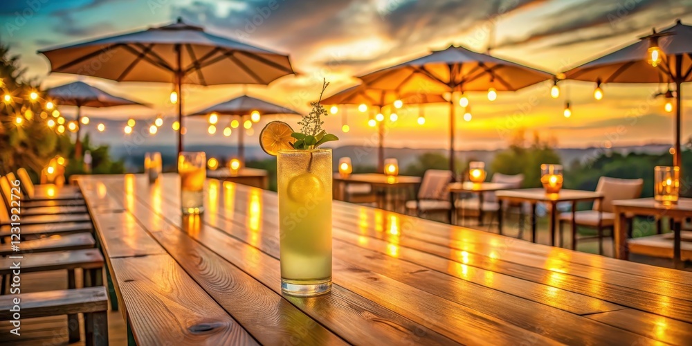 A Refreshing Citrus Cocktail at Sunset on a Wooden Patio with String Lights A Refreshing Citrus Cocktail at Sunset on a Wooden Patio with String Lights