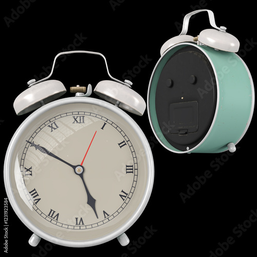 Green alarm clock morning time over black photo