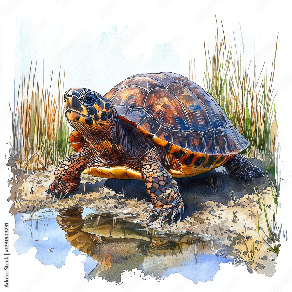 Obraz premium Watercolor painting of a turtle near water's edge, marsh grasses in background.