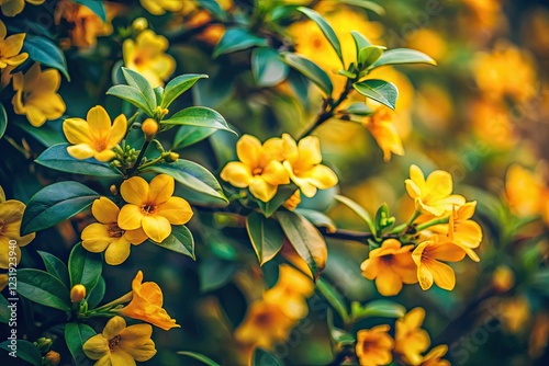 Golden Gelsemium sempervirens blooms burst forth, a vintage spring photograph showcasing vibrant yellow flowers against deep green. photo