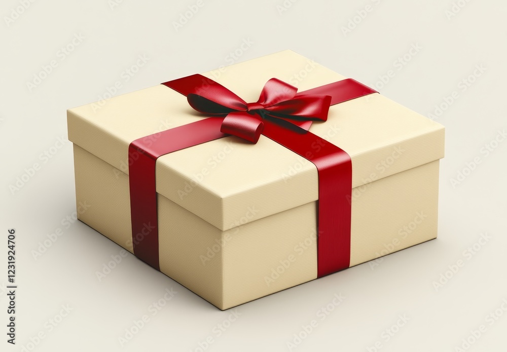 Fototapeta premium Cream gift box with red ribbon bow.