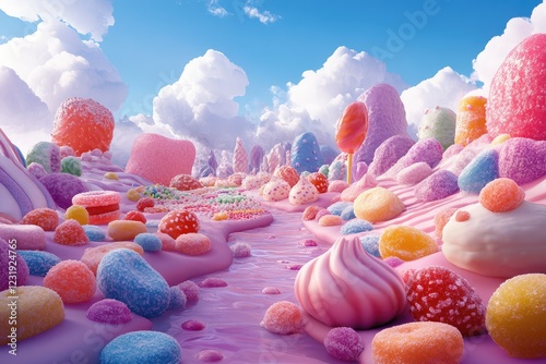 A whimsical candy land with animated sweets and treats, where every candy has a unique personality and the entire landscape is bursting with color and flavor.