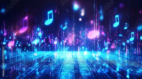 Abstract Visualization of Music Notes with Bright Neon Lights