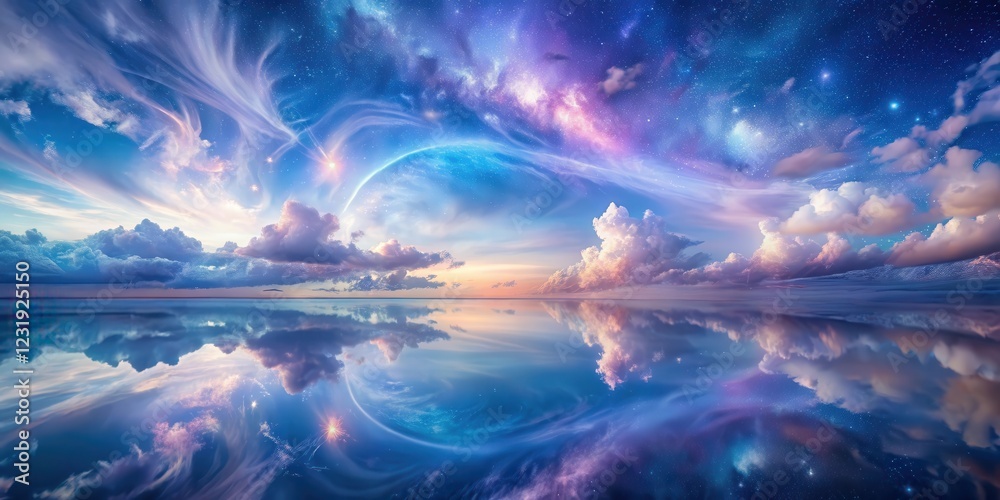 Serene celestial landscape reflecting on tranquil waters, showcasing a vibrant nebula and ethereal clouds at sunset Serene celestial landscape reflecting on tranquil waters, showcasing a vibrant nebula and ethereal clouds at sunset