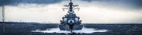 Warship Sailing Through Stormy Seas. Military Vessel, Arleigh Burke-Class Destroyer. Naval Warfare.