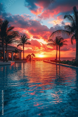 Serene sunset over a tranquil pool with palm trees reflecting vibrant colors photo