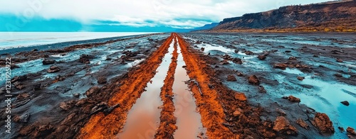 Dramatic Coastal Landscape with Tire Tracks and Water Pools A Stunning View of Ocean and Rocky Shore Muddy Road near the Sea