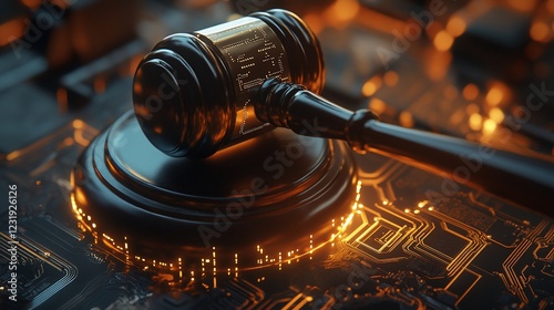 Gavel on circuit board; digital justice concept; website banner