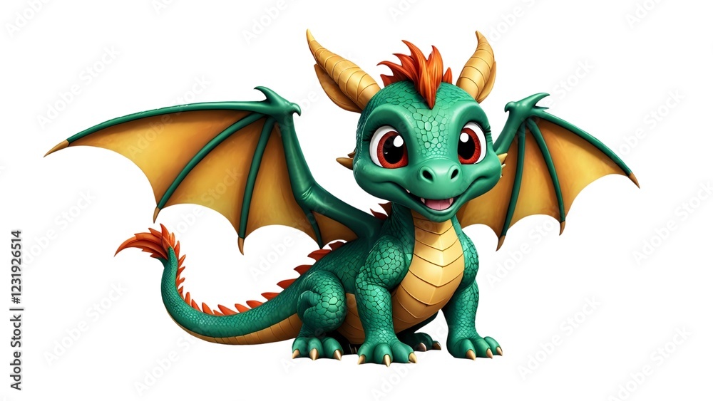 Fototapeta premium Adorable cartoon baby dragon, green scales, orange mane, large wings, friendly expression, isolated on white background. Perfect for children's books, games, and fantasy illustrations.