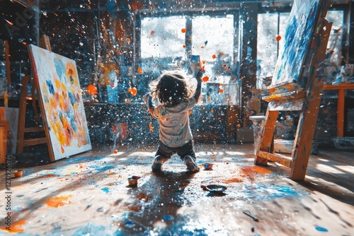 Baby playing coloring in a painting room full of colorful paint with splashes and spills of paint, Exploring themselves with beautiful colors