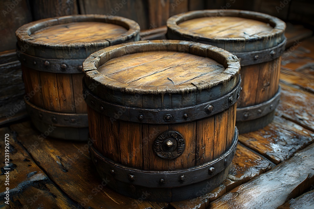 Rustic Wooden Barrels on Weathered Wooden Floor for Rustic Decor or Historical Theme Design Rustic Wooden Barrels on Weathered Wooden Floor for Rustic Decor or Historical Theme Design