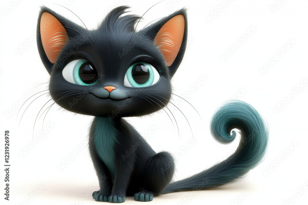 Fototapeta premium Adorable black kitten with teal eyes and a swirled tail.
