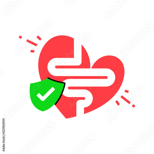 Flat illustration of a healthy gut. A heart shaped intestine with a protective shield symbolizing probiotics, digestion, and overall gut health