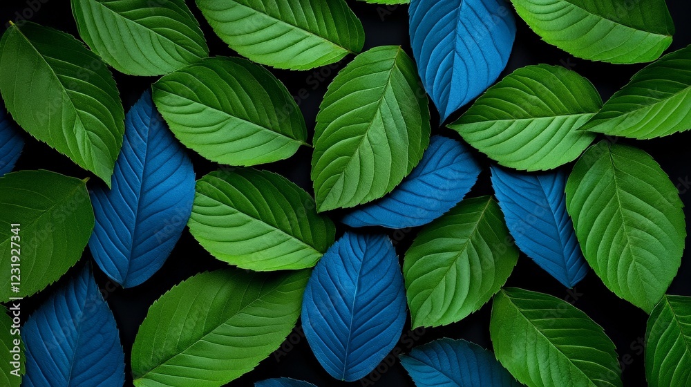 Obraz premium Vibrant Leaf Mosaic: An exquisite top-down shot of an organic collection of verdant and teal leaves, forming a textured mosaic of nature's designs, showcasing a beautiful, colorful pattern.