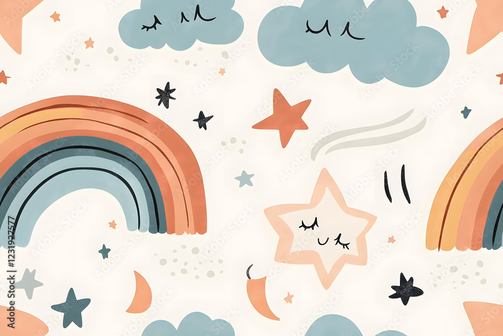 Naklejka premium Starry sky pattern with hand-drawn planets and glowing constellations
