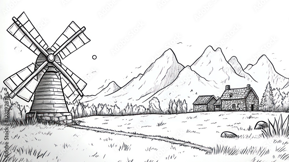 Fototapeta premium Hand drawn sketch of a windmill, farmhouse and mountains in a field.