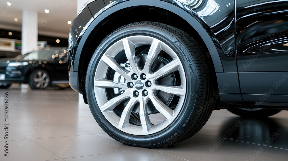 A luxurious automobile is prominently displayed in a contemporary dealership, featuring stylish alloy wheels that catch the eye on a sunny afternoon A luxurious automobile is prominently displayed in a contemporary dealership, featuring stylish alloy wheels that catch the eye on a sunny afternoon