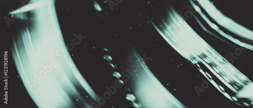 Three-dimensional film grain overlay with depth on textured black background