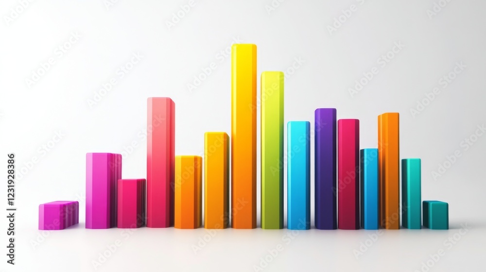A detailed D bar graph with vibrant, multicolored bars, representing data trends in a business presentation, set against a minimalist white backdrop. A detailed D bar graph with vibrant, multicolored bars, representing data trends in a business presentation, set against a minimalist white backdrop.