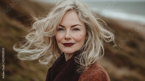 Beautiful Woman with Windblown Hair at Coastal Landscape