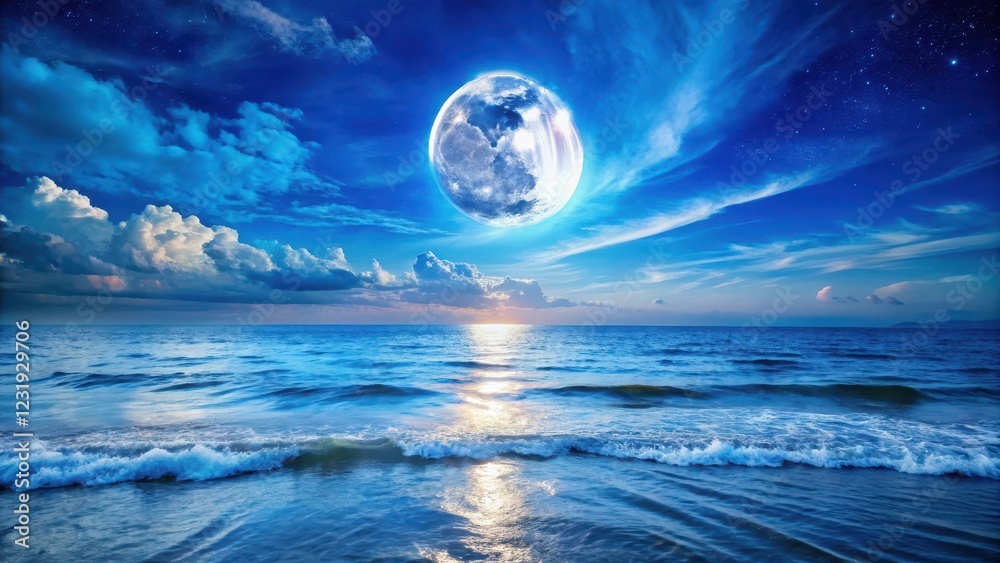 Calm Ocean Under Blue Moon,, celestial event, ocean and sky,  celestial event, ocean and sky