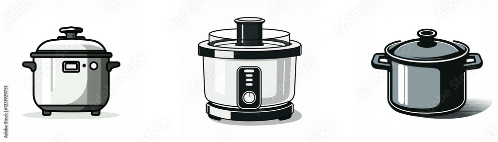Three kitchen appliances: a rice cooker, a food processor, and a pot. Ideal for cooking various meals. Three kitchen appliances: a rice cooker, a food processor, and a pot. Ideal for cooking various meals.