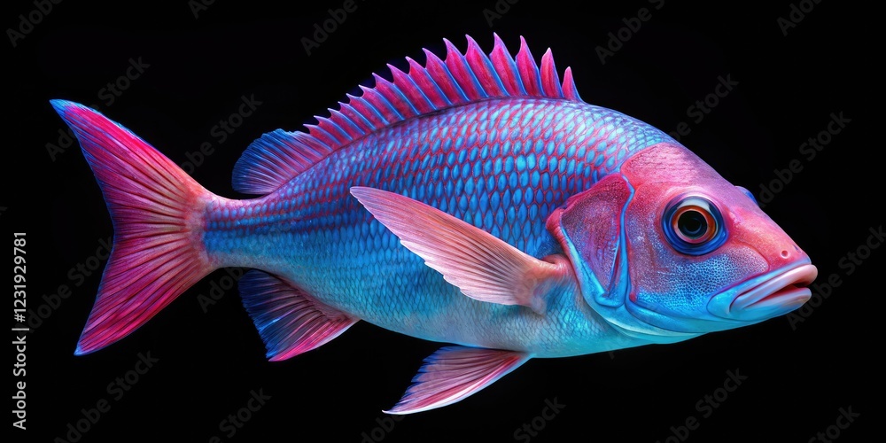 Fototapeta premium High-resolution studio shot of a vibrant blue pink snapper, isolated on black, perfect for seafood menus.