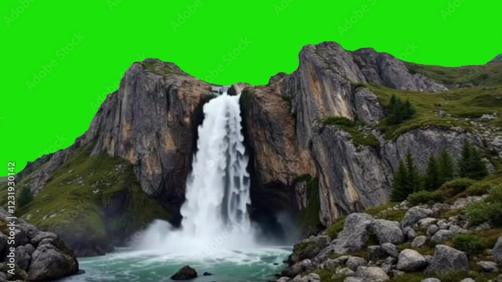 A cascading waterfall amidst rocky cliffs is set against a green screen backdrop, ideal for nature-themed projects, scenic backgrounds, and chroma key video effects A cascading waterfall amidst rocky cliffs is set against a green screen backdrop, ideal for nature-themed projects, scenic backgrounds, and chroma key video effects
