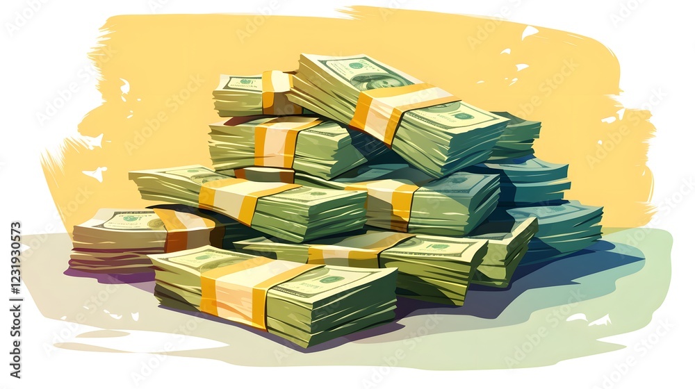 Pile of money with stacks of bills isolated on white background.