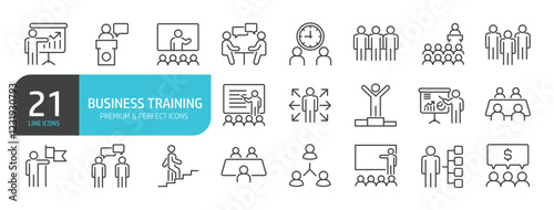 Set of line icons related to training, workshop, coaching, presentation. Outline icons collection. Editable stroke. Vector illustration.