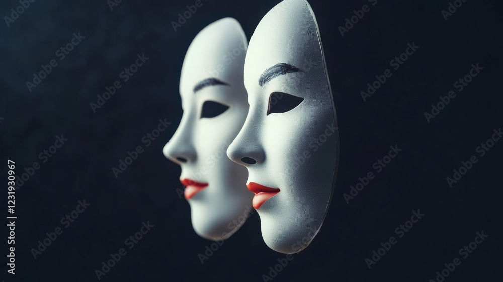 Two artistic masks display a contrasting design with smooth features and bold colors in a dark environment Two artistic masks display a contrasting design with smooth features and bold colors in a dark environment