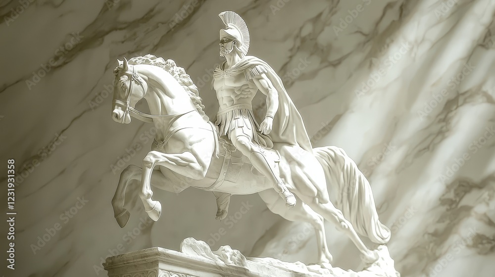 Naklejka premium Majestic Marble Horseman Sculpture Captured in Warm Light