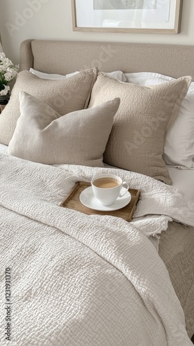 A tranquil bedroom invites relaxation with plush pillows and a soft blanket draped over a neatly made bed. A steaming cup of coffee rests on a wooden tray, enhancing the serene ambiance photo