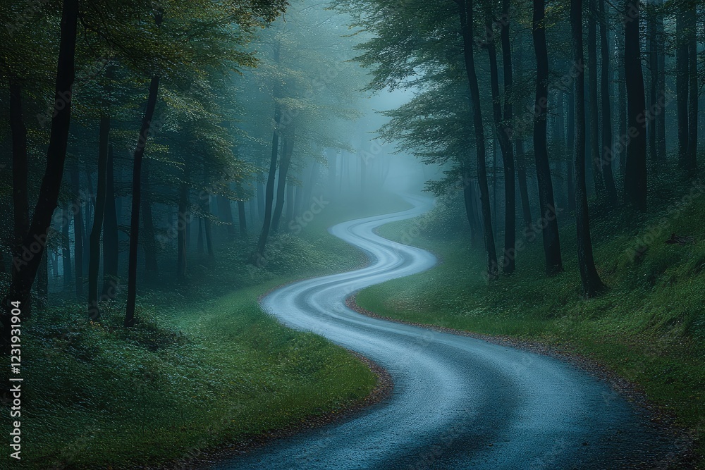 Obraz premium A winding road through a dense forest in the early morning mist, the light filtering through the trees creating a mystical atmosphere.