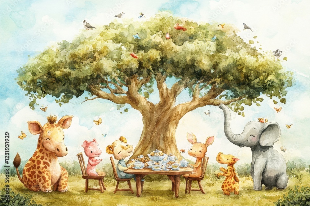 Fototapeta premium Animals Enjoying Afternoon Tea Underneath A Large Tree