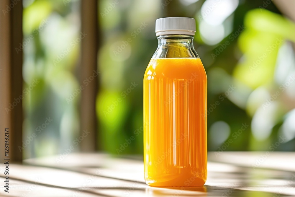 A glass bottle of orange juice sits on a table, ready to be consumed A glass bottle of orange juice sits on a table, ready to be consumed