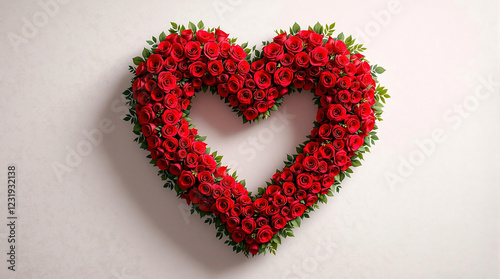 A vibrant heart-shaped wreath of red roses hangs against a neutral wall. Romantic and elegant, ideal for Valentine's Day, weddings, anniversaries, or expressing love and affection.  Simple, yet impact