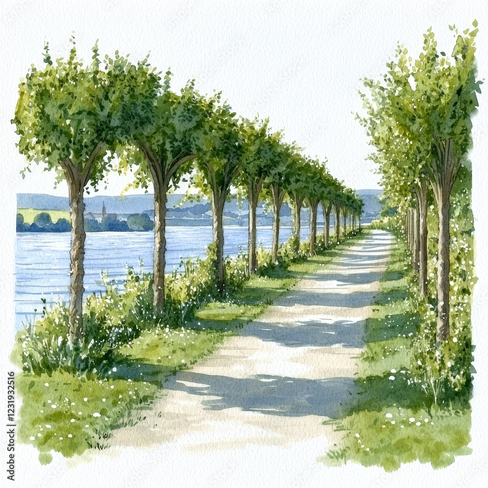 Obraz premium Serene riverside path shaded by lush, arching trees.