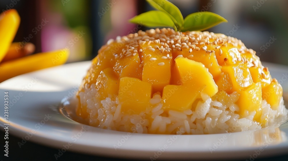 A dynamic shot of a serving of Thai mango sticky rice with a garnish of toasted sesame seeds, presented on a white plate to emphasize its vibrant colors and delicious appeal. A dynamic shot of a serving of Thai mango sticky rice with a garnish of toasted sesame seeds, presented on a white plate to emphasize its vibrant colors and delicious appeal.